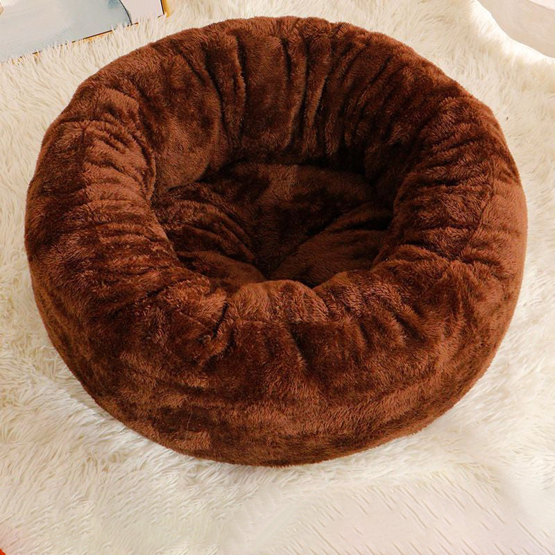 Pet Dog Bed Long Plush Donut Round Cushion