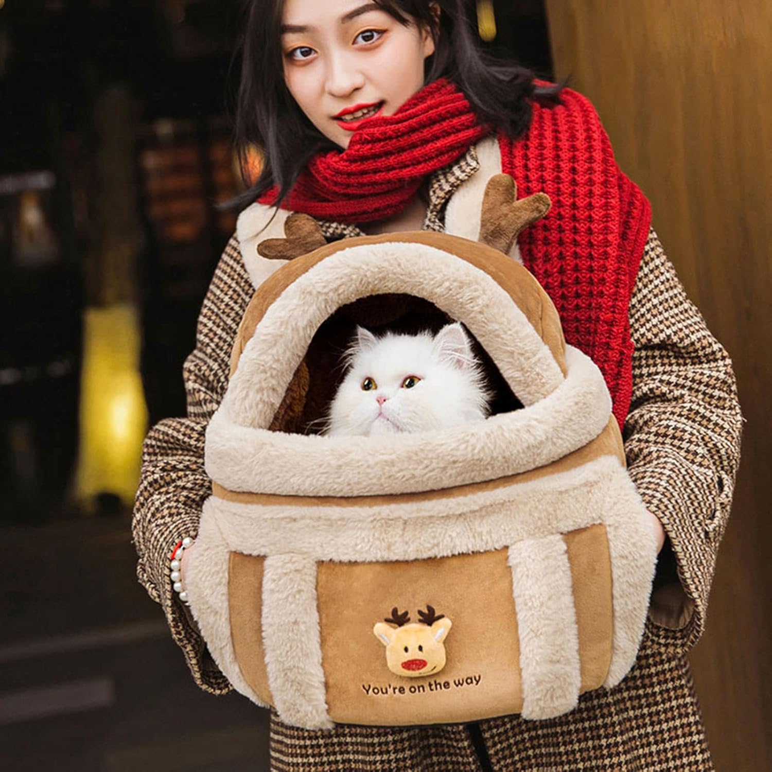 Pet Winter Outdoor Carriers Plush Reindeer Bag