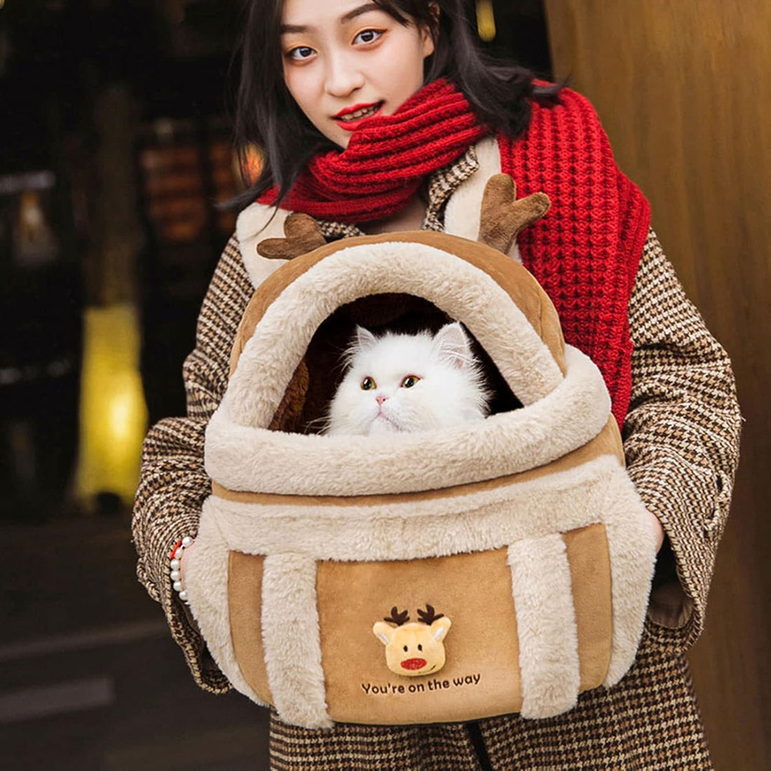Pet Winter Outdoor Carriers Plush Reindeer Bag